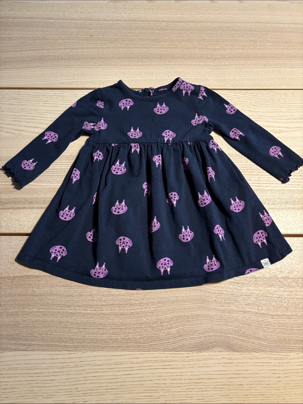 Girls Navy Long-Sleeve Dress with Pink Cat Print